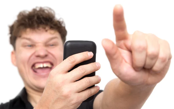 Uomo con telefono su sfondo bianco — Foto Stock