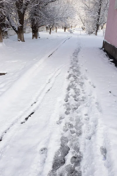 Sentiero nella neve sulla natura — Foto Stock