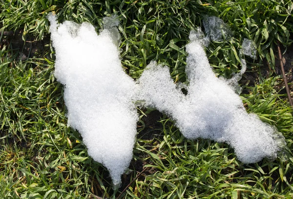 Yeşil çimenlerin üzerinde kar — Stok fotoğraf