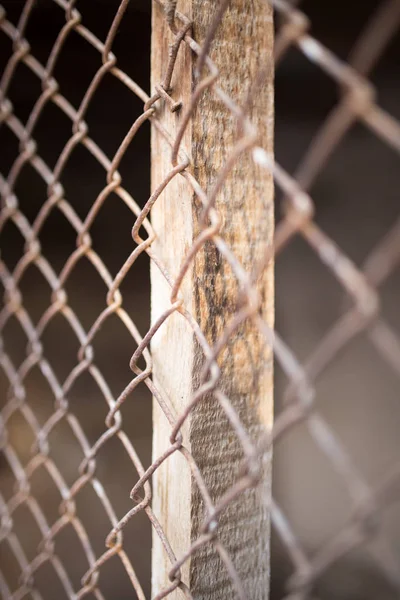 Uma cerca de malha de metal enferrujado — Fotografia de Stock