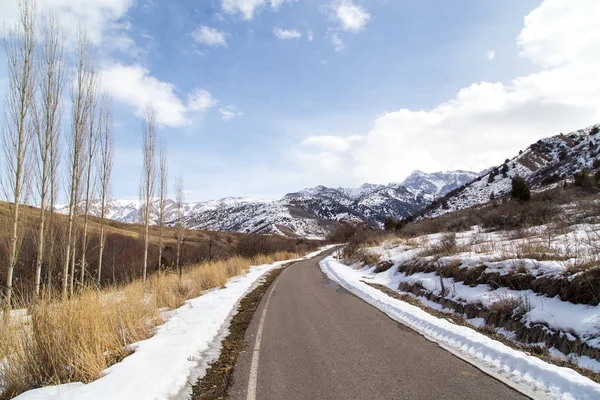 Camino de invierno en las montañas de Kazajstán — Foto de Stock
