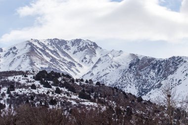 Kışın Tian Shan 'ın karla kaplı dağları