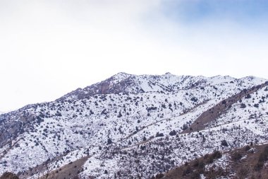 Kışın Tian Shan 'ın karla kaplı dağları