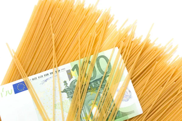 One hundred euro in spaghetti — Stock Photo, Image