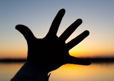 Gün batımı arka planında elin silueti .