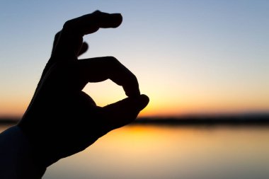 Gün batımı arka planında elin silueti .