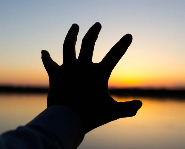 Silhueta Mão Sobre Fundo Pôr Sol — Fotografia de Stock