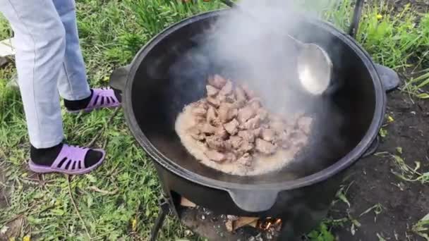 Primo Piano Filmato Donna Che Prepara Gulasch Carne Calderone Giardino — Video Stock