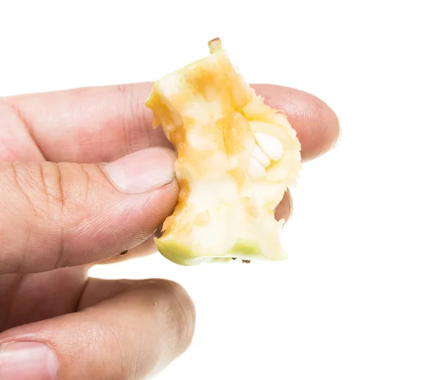 Manzana Mordida Mano Sobre Fondo Blanco — Foto de Stock