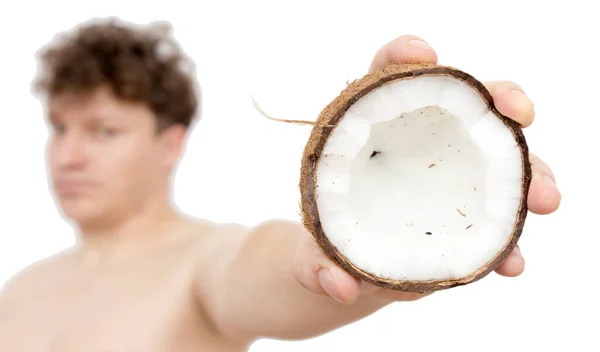 Kokosnoot Hand Van Een Man Een Witte Achtergrond — Stockfoto