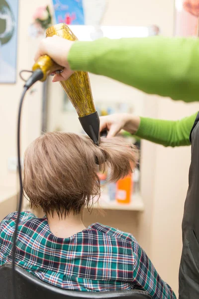 Hairdresser Dries Hair Dryer Blond Hair — Stock Photo, Image