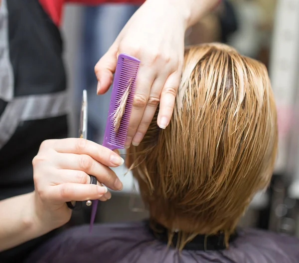 Žena Stříhání Nůžek Vlasy Salonu Krásy — Stock fotografie