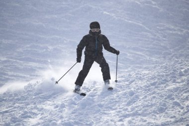 İnsanlar kışın kayak yapıyor. Doğadaki parkta.