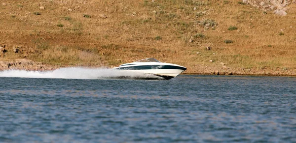 Boot Drijft Snelheid Van Het Meer Het Park Natuur — Stockfoto