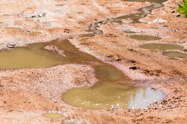 Arka plan olarak yerdeki kırmızı su birikintisi .