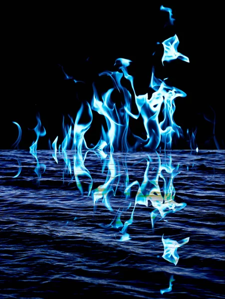 Fuego Llama Azul Con Reflejo Agua — Foto de Stock