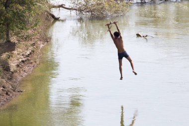 Nehirdeki bungee 'deki adam .