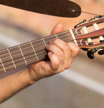 Gitar çalan bir yardımcı. Doğadaki parkta.