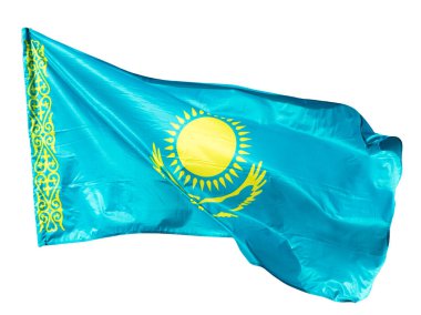 Beyaz arka planda Kazakistan bayrağı. Soyut bir dokunun fotoğrafı