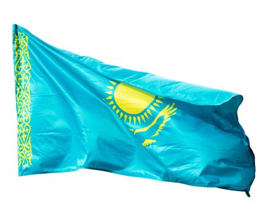 Beyaz arka planda Kazakistan bayrağı. Soyut bir dokunun fotoğrafı