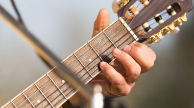 Gitar çalan bir yardımcı. Doğadaki parkta.