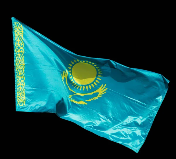 Kazahsztán Zászló Fekete Háttérrel — Stock Fotó