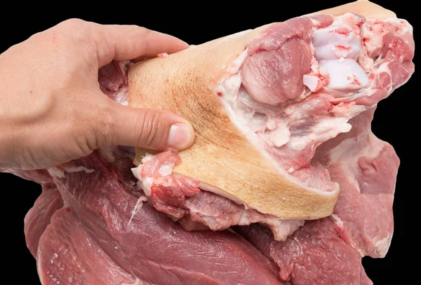 Мясо Свинины Руке Черном Фоне — стоковое фото