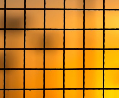 Gün batımında metal çit. Doğadaki parkta.