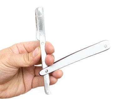 Beyaz arka planda elinde jilet var. .