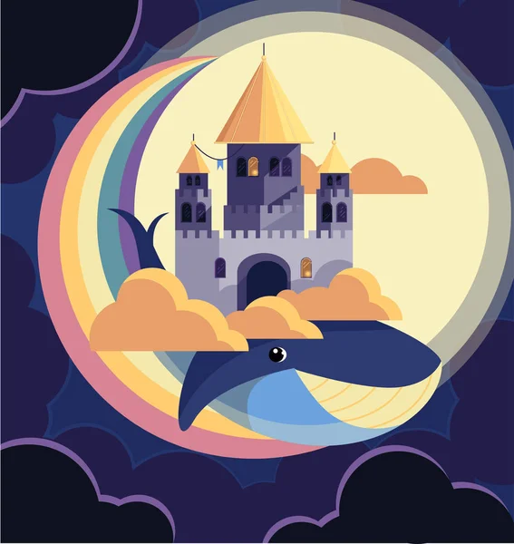 Drawing Fairytale Castle Flying Whale Heaven — Stock Vector