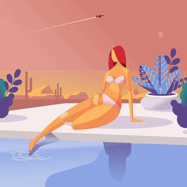 Illustration Vectorielle Conception Rousse Femme Assise Sur Plage — Image vectorielle