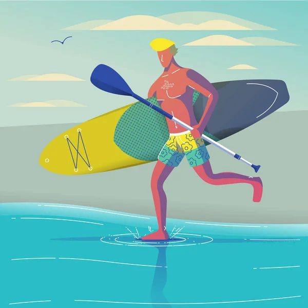 Design Ilustração Vetorial Guy Correndo Com Prancha Surf —  Vetores de Stock