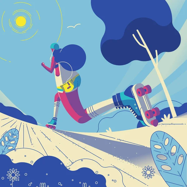 Genç kadın silindir blading parkta, Perspektif çizim