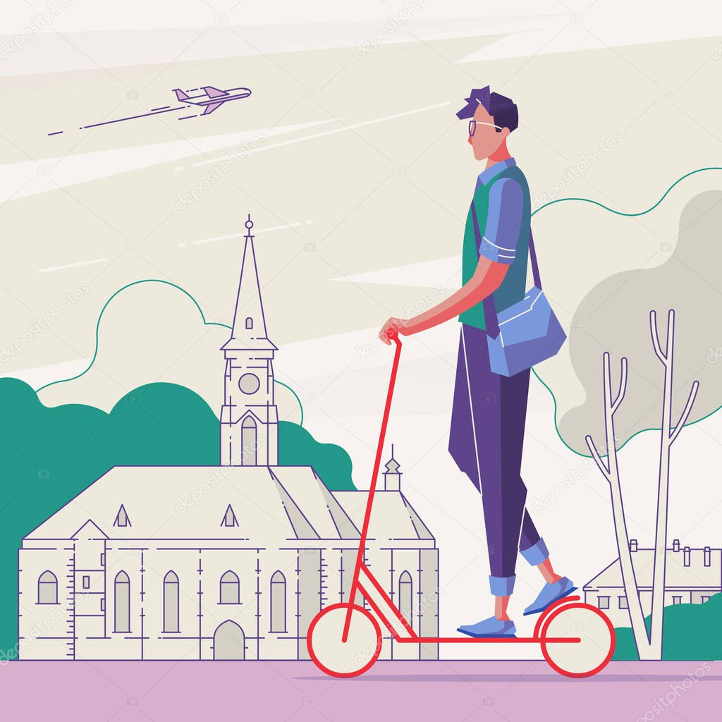 male riding a scooter in the city, vector illustration 