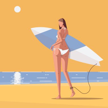 Sahilde kurulu ile kızın arkadan görünüş