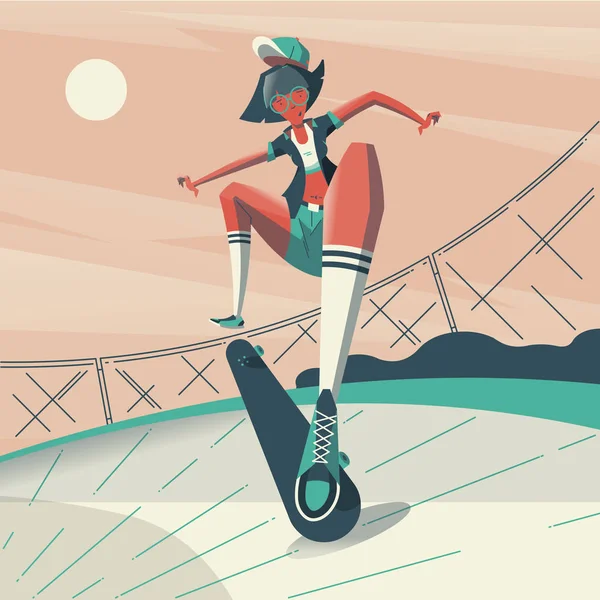 Girl Riding Skate Town Daytime — Stock Vector