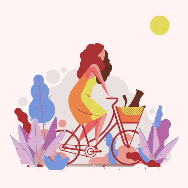 Mujer Dibujos Animados Montar Bicicleta Ciudad — Vector de stock