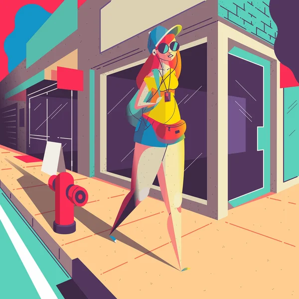 Chica Caminando Por Calle Ilustración Vectorial — Vector de stock
