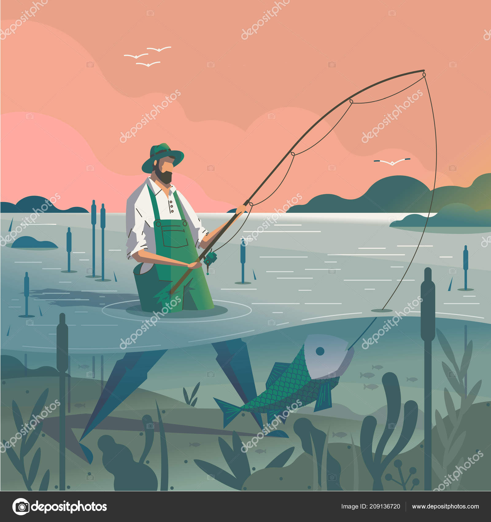 Man Standing Pond Fishing Rod Catching Fish Stock Vector by