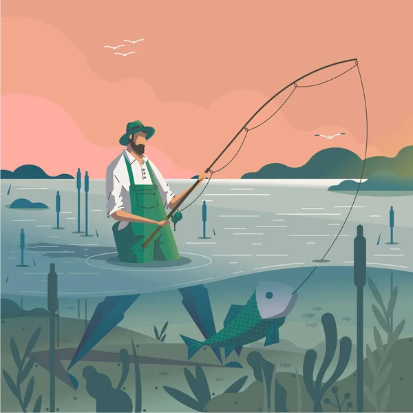 Man Standing Pond Fishing Rod Catching Fish — Stock Vector