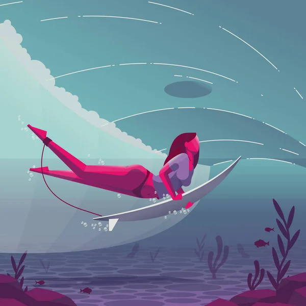 青い水の中でサーフボードの女性とカラフルなポスター — ストックベクタ