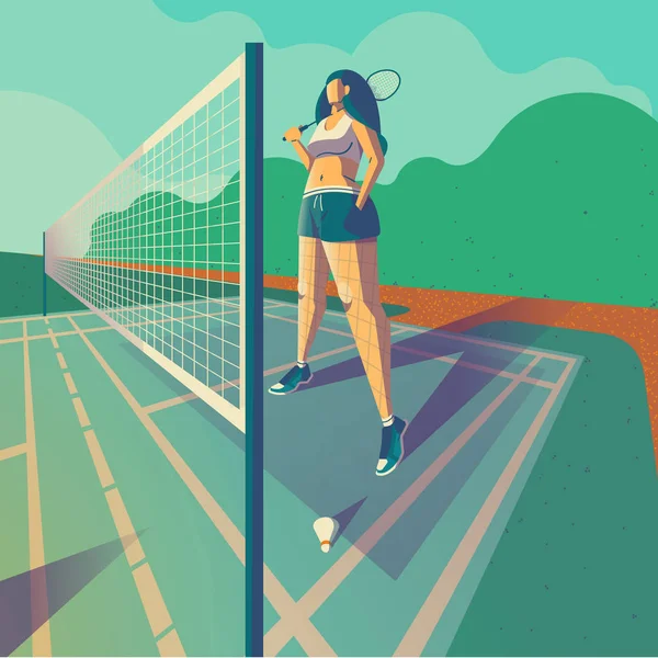 Cartoon Woman Ready Play Big Tennis Stock Illustration