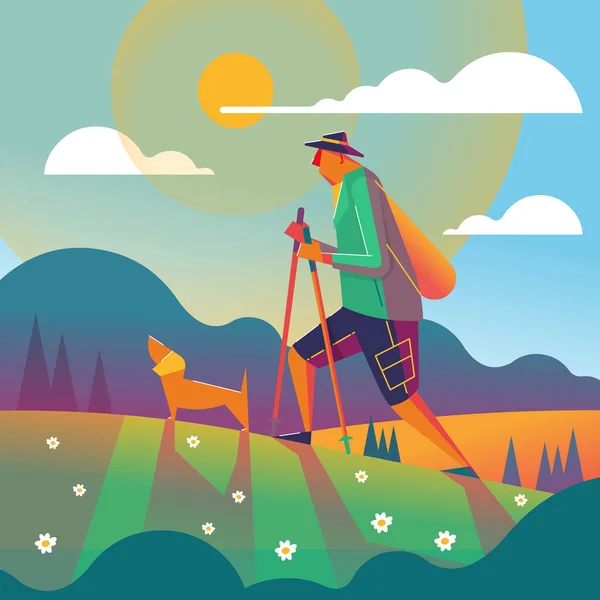 Man Hiking Mountains Illustration — Stock Vector