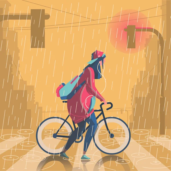 Menina Andando Chuva Com Sua Bicicleta Ilustração — Vetor de Stock