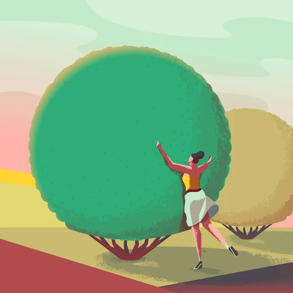 Chica Abrazando Árbol Parque Durante Día — Vector de stock