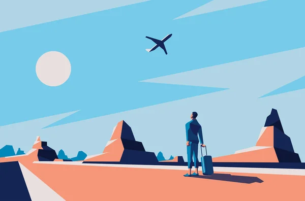 沙漠中的男人看着飞机 — 图库矢量图片