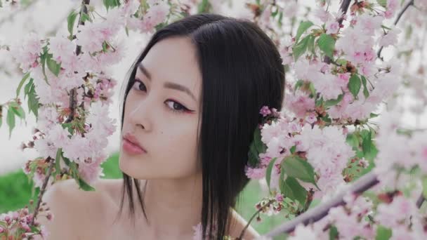 Retrato de una hermosa chica asiática al aire libre contra el árbol de flores de primavera. Entre bastidores — Vídeos de Stock