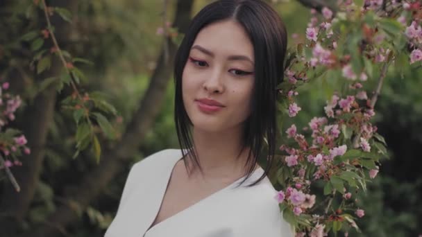 Asiática mujer al aire libre en primavera contra flor flor — Vídeos de Stock