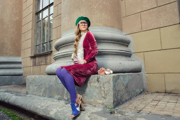 Fashion portrait of college student girl at campus outdoors — Stock Photo, Image