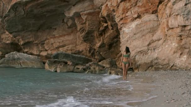 Kumsalda yürüyen genç çekici kadın — Stok video